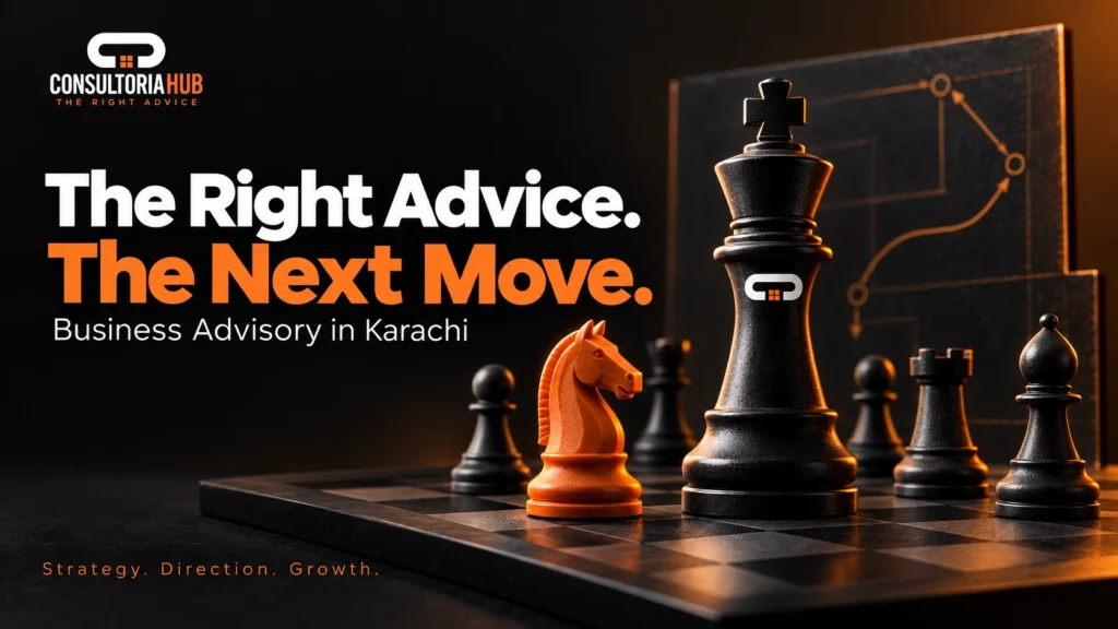 Black chess king with Consultoria Hub branding beside an orange knight, illustrating business strategy and advisory services in Karachi.