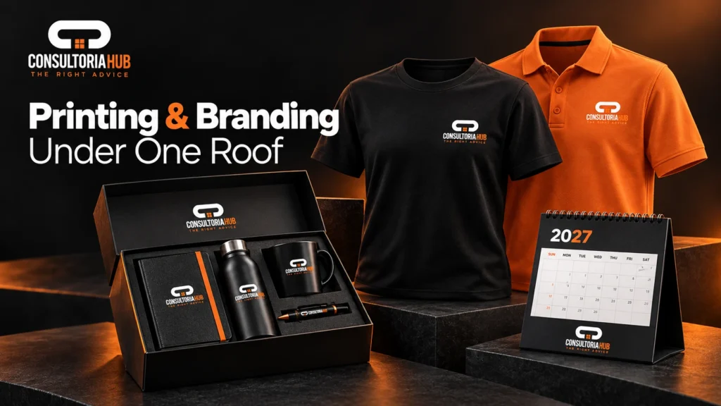 Consultoria Hub branded corporate gift boxes, customised shirts and a desk calendar showcasing printing and branding services.
